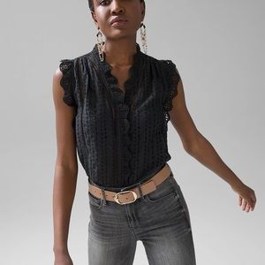White House Black Market Black Embroidered Voile Sleeveless Blouse Size Small